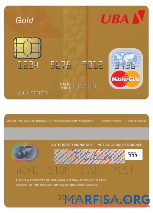 Printable Liberia UBA Bank gold debit mastercard download for verification
